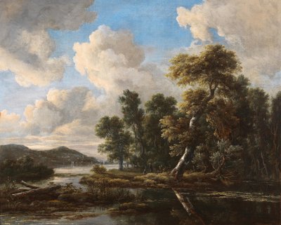 樹木が茂った銀行のある川の風景 作： Jacob van Ruisdael